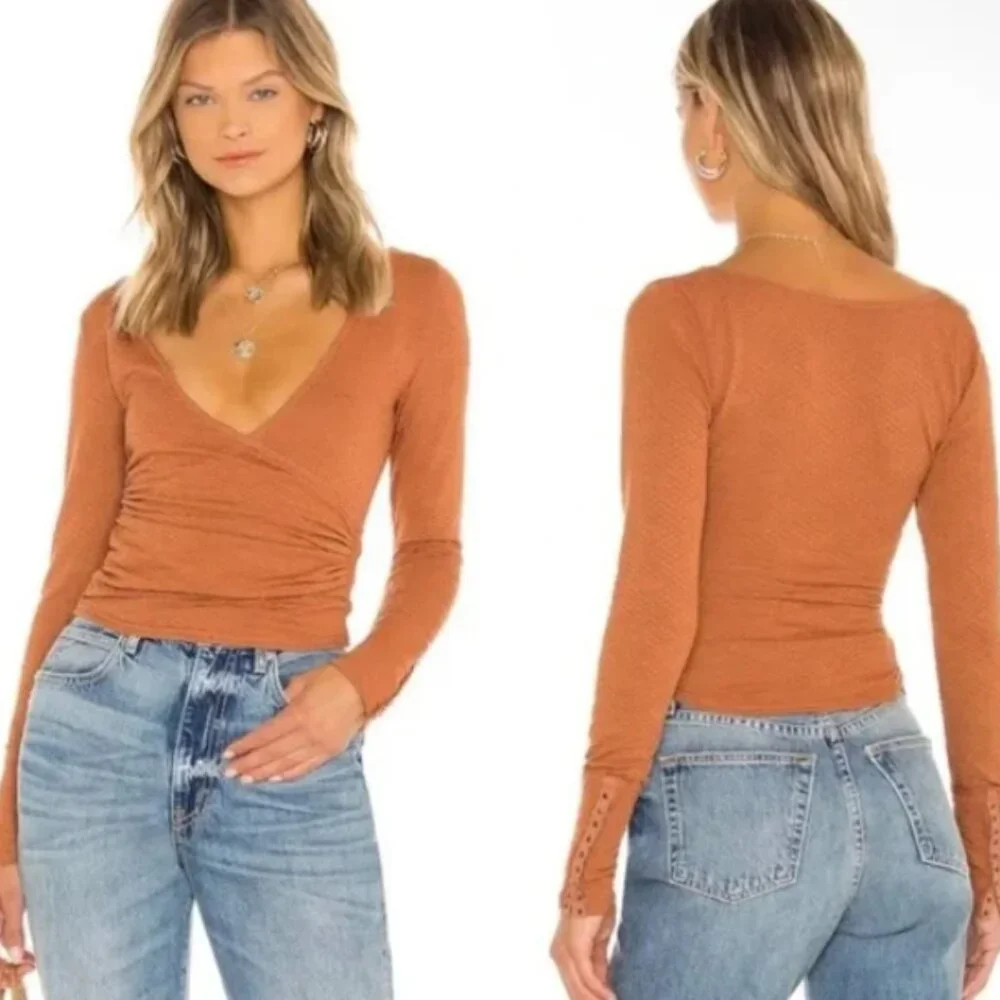 ☀️ FREE PEOPLE Penny Plunge Neck Stretch Wrap Long Sleeve Top Burnt Orange